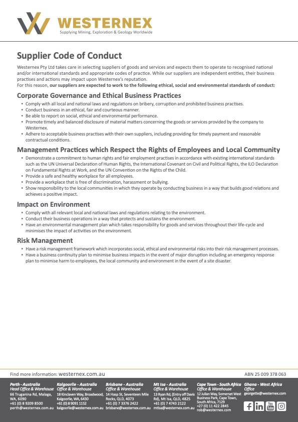 Westernex Supplier Code of Conduct